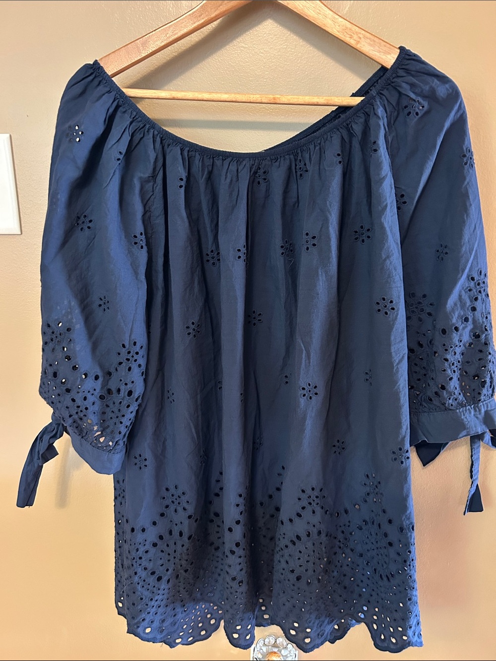 Navy Eyelet Off-Shoulder Blouse